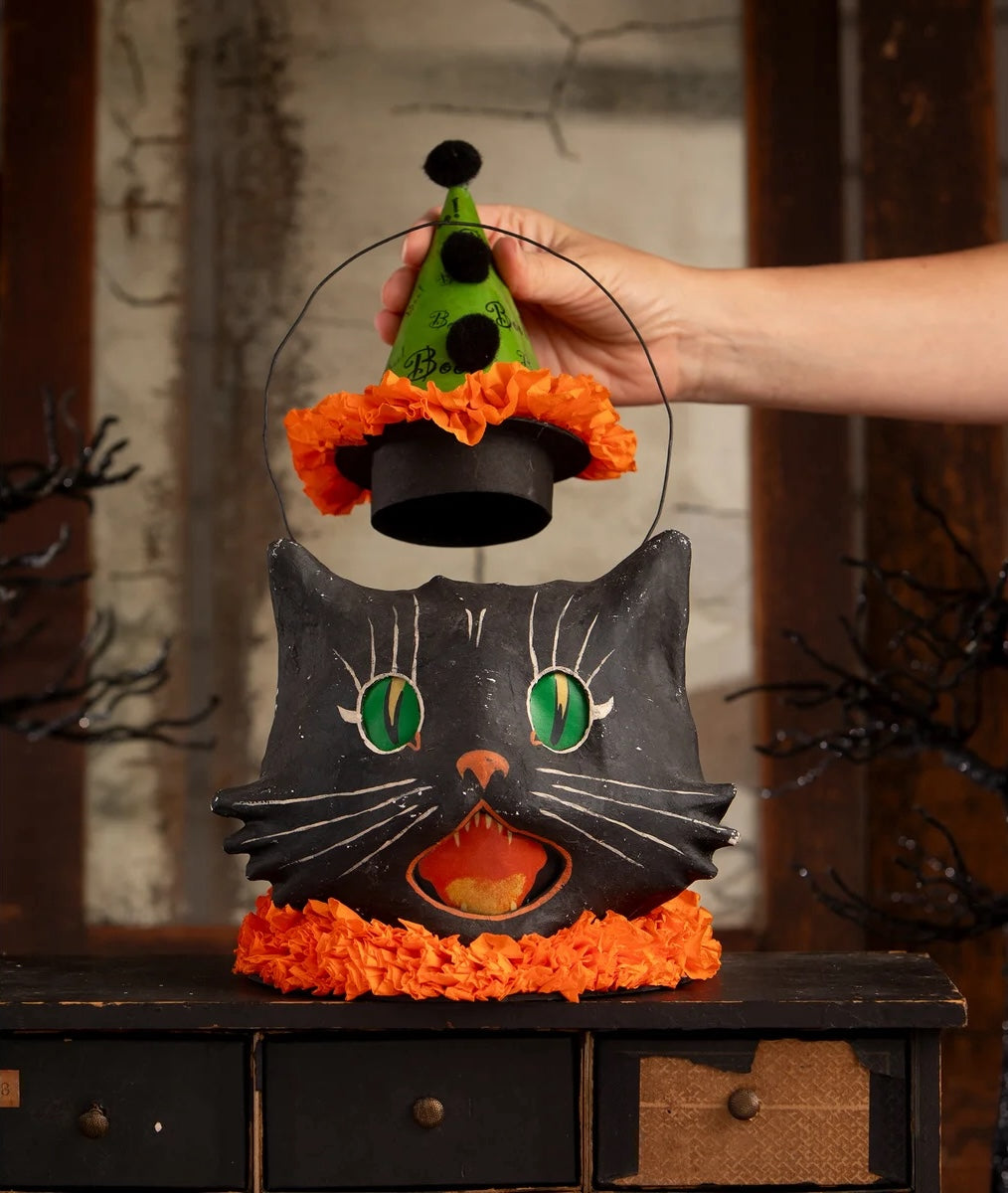 "Sassy Cat Container, Paper Mache"